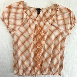 Style & Co Boho‎ Orange Plaid Embroidered Peasant Blouse Sz L Hippie Western